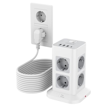 TESSAN 8-vejs Stikdåse med USB-C, 10m Forlængerkabel, 4 USB-porte, Overspændingsbeskyttelse 3600W – Kontor Grå