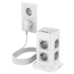 TESSAN 8-vejs Stikdåse med USB-C, 5m Forlængerkabel, 4 USB-porte, Overspændingsbeskyttelse 3600W – Kontor Grå