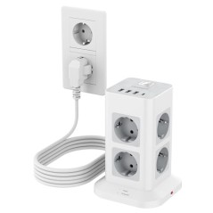 TESSAN 8-vejs Stikdåse med USB-C, 5m Forlængerkabel, 4 USB-porte, Overspændingsbeskyttelse 3600W – Kontor Grå