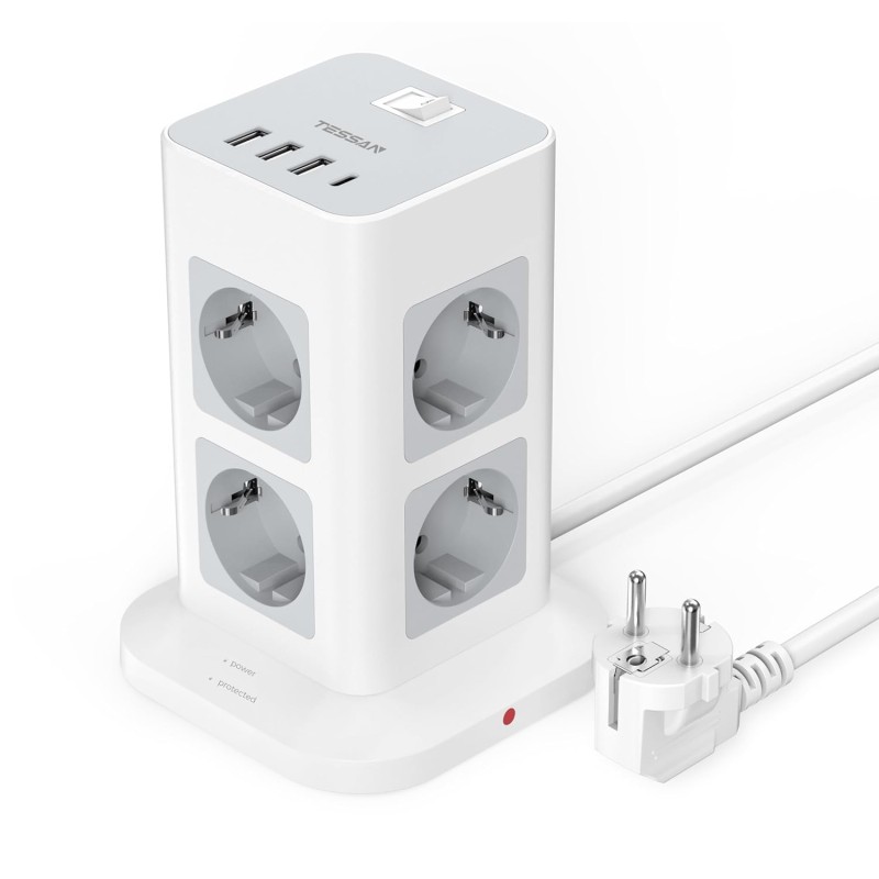 TESSAN 8-vejs Stikdåse med USB-C, 2m Forlængerkabel, 4 USB-porte, Overspændingsbeskyttelse 3600W – Kontor Grå