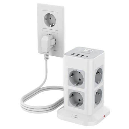 TESSAN 8-vejs Stikdåse med USB-C, 3m Forlængerkabel, 4 USB-porte, Overspændingsbeskyttelse 3600W – Kontor Grå