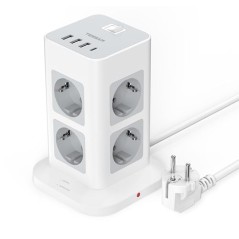 TESSAN 8-vejs Stikdåse med USB-C, 2m Forlængerkabel, 4 USB-porte, Overspændingsbeskyttelse 3600W – Kontor Grå