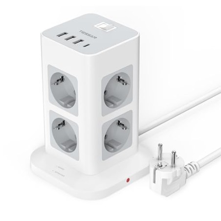TESSAN 8-vejs Stikdåse med USB-C, 2m Forlængerkabel, 4 USB-porte, Overspændingsbeskyttelse 3600W – Kontor Grå