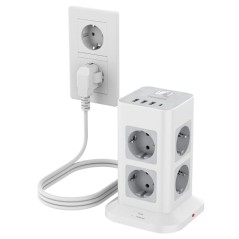 TESSAN 8-vejs Stikdåse med USB-C, 3m Forlængerkabel, 4 USB-porte, Overspændingsbeskyttelse 3600W – Kontor Grå