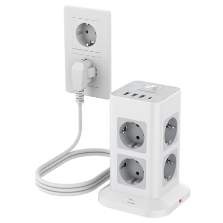 TESSAN 8-vejs Stikdåse med USB-C, 3m Forlængerkabel, 4 USB-porte, Overspændingsbeskyttelse 3600W – Kontor Grå