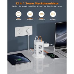 TESSAN 8-vejs Stikdåse med USB-C, 2m Forlængerkabel, 4 USB-porte, Overspændingsbeskyttelse 3600W – Kontor Grå