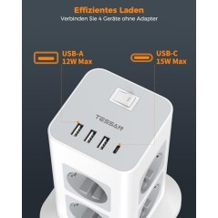 TESSAN 8-vejs Stikdåse med USB-C, 3m Forlængerkabel, 4 USB-porte, Overspændingsbeskyttelse 3600W – Kontor Grå