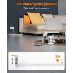 TESSAN 8-vejs Stikdåse med USB-C, 3m Forlængerkabel, 4 USB-porte, Overspændingsbeskyttelse 3600W – Kontor Grå