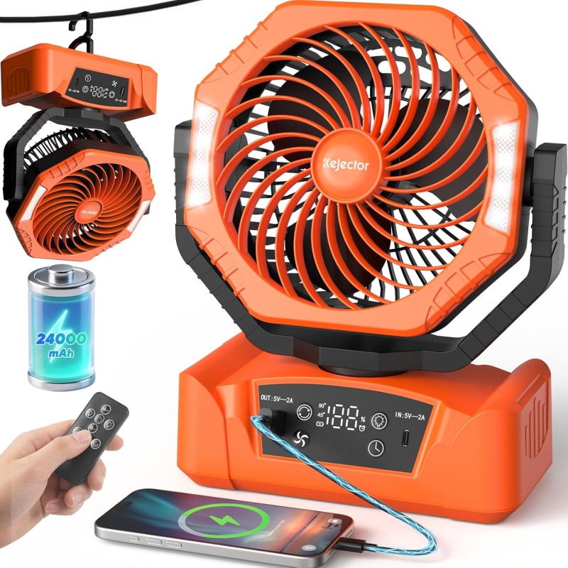Kejector Campingventilator 24.000 mAh – Auto-drej, LED-lys & 6 Hastigheder
