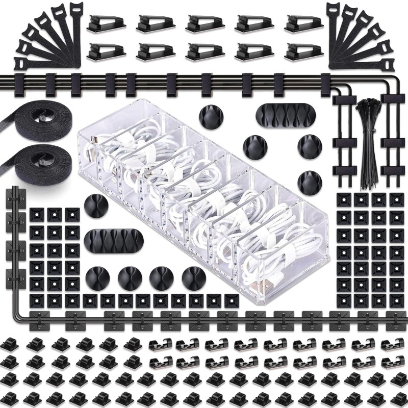 Cable Management Kit 255 Pieces – Cable Clips, Velcro Ties & Cable Box
