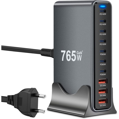 Apple MacBook 765W GaN-III Opladningsstation – 10 porte, 7 USB-C PD + 3 USB-A – kompatibelt tilbehør