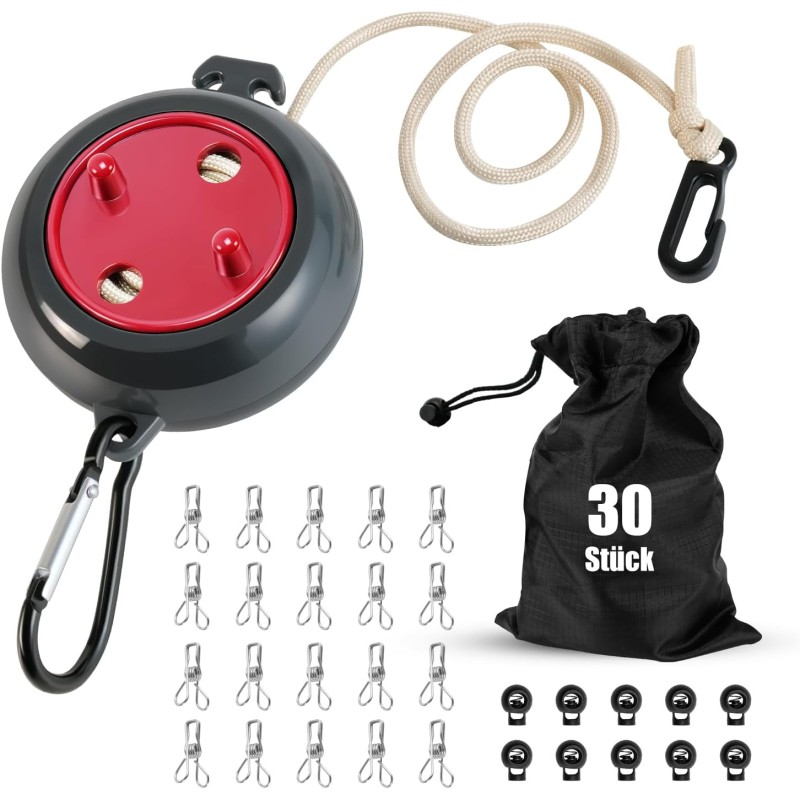 Heatigo Retractable Clothesline 10 m – Portable Camping Laundry Line with Clips (Red)