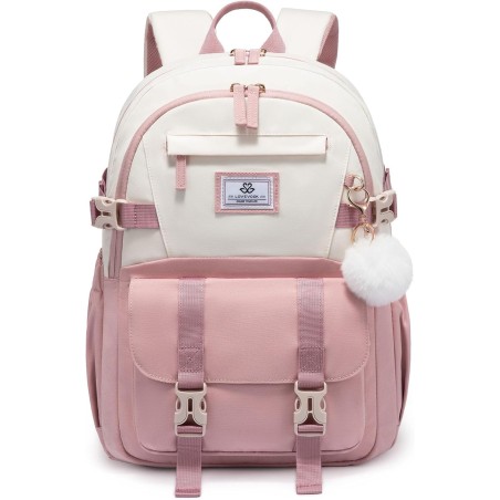 LOVEVOOK Skolerygsæk Teenager Piger 34L – Beige Pink, 13 Lommer, Laptoprum 15,7", Vandtæt