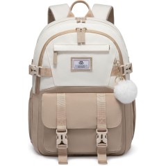 LOVEVOOK Skolerygsæk Teenager Piger 34L – Beige Khaki, 13 Lommer, Laptoprum 15,7", Vandtæt