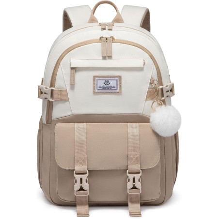 LOVEVOOK Skolerygsæk Teenager Piger 34L – Beige Khaki, 13 Lommer, Laptoprum 15,7", Vandtæt