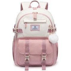 LOVEVOOK School Backpack Teen Girls 34L – Beige Pink, 13 Pockets, 15.7" Laptop Compartment, Water-Resistant