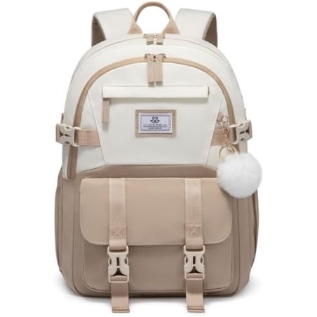 LOVEVOOK School Backpack Teen Girls 34L – Beige Khaki, 13 Pockets, 15.7" Laptop Compartment, Water-Resistant