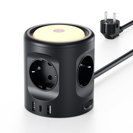 7-i-1 stikkontaktterning med USB-C og lys 2 m kabel overspændingsbeskyttelse