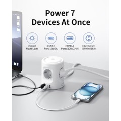 7-i-1 stikkontaktterning USB-C lys 3 m kabel overspændingsbeskyttelse (hvid)