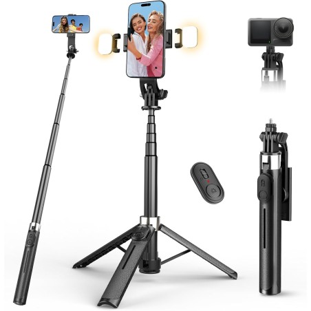 RISEOFLE Selfiestang 110 cm med lys og fjernbetjening – mobilstativ til smartphone