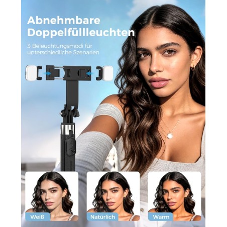 RISEOFLE Selfiestang 110 cm med lys og fjernbetjening – mobilstativ til smartphone