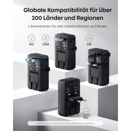 Anker Nano Universal Travel Adapter for 200+ Countries – 4× USB, USB-C 20W, White