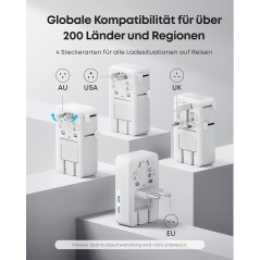 Anker Nano universel rejseadapter til 200+ lande – 4× USB, USB-C 20W, 2-pin kompatibel