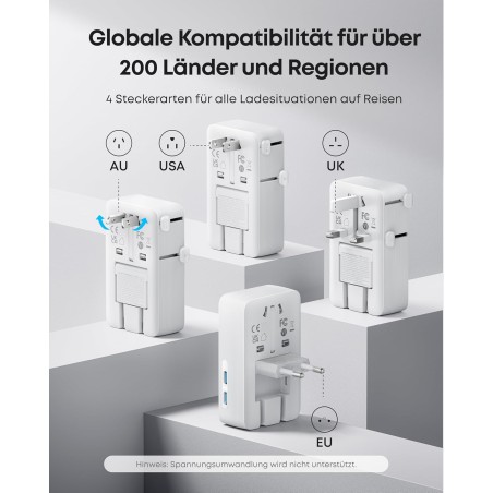 Anker Nano Universal Travel Adapter for 200+ Countries – 4× USB, USB-C 20W, 2-pin Compatible