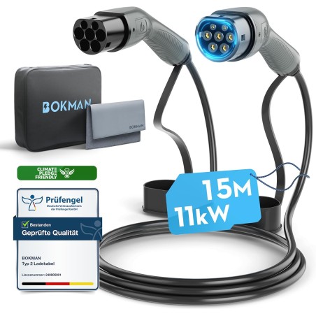 Bokman Type 2 EV Charging Cable 11kW 15m | Mode 3, 16A, 3-Phase with Carry Bag