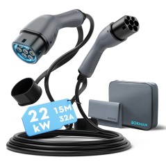 Bokman Type 2 EV-opladningskabel 22kW 15m | Mode 3, 32A, 3-fase med bæretaske