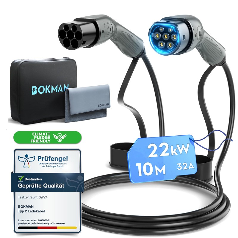 Bokman Type 2 EV Charging Cable 22kW 10m | Mode 3, 32A, 3-Phase with Carry Bag Bokman Type 2 EV Charging Cable 22kW 10m | Mode 3, 32A, 3-Phase with Carry Bag