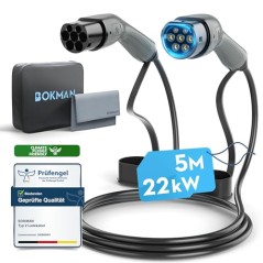 Bokman Type 2 EV Charging Cable 22kW 5m | Mode 3, 32A, 3-Phase with Carry Bag