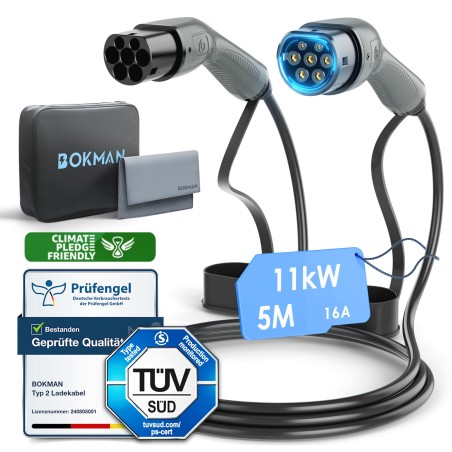 Bokman Type 2 EV-opladningskabel 11kW 5m | Mode 3, 16A, 3-fase med bæretaske