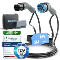 Bokman Type 2 EV Charging Cable 11kW 5m | Mode 3, 16A, 3-Phase with Carry Bag