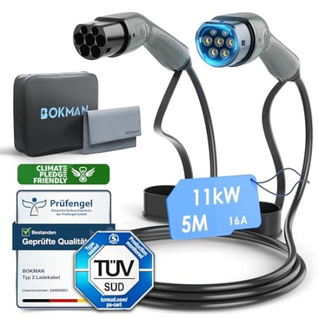 Bokman Type 2 EV Charging Cable 11kW 5m | Mode 3, 16A, 3-Phase with Carry Bag