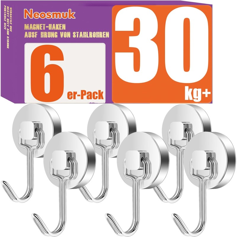 Neosmuk Sving Magnetisk Krog Sølv 26 mm – 30 kg, 6 stk.
