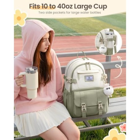 LOVEVOOK School Backpack Teen Girls 34L – Beige Green, 15.6" Laptop