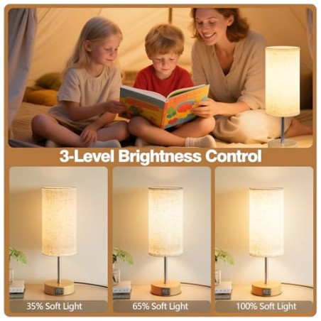 Sengelampe med touch-betjening, bordlampe med USB-A og USB-C opladning