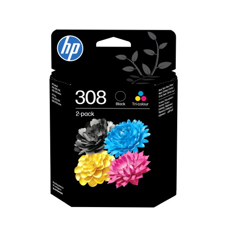 HP 308 2-Pack Tri-color/Black Original Combo Sort, Cyan, Magenta, Gul
