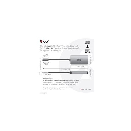 Club 3D CAC-1510-A USB-C til DVI-D aktiv videoadapter Grå